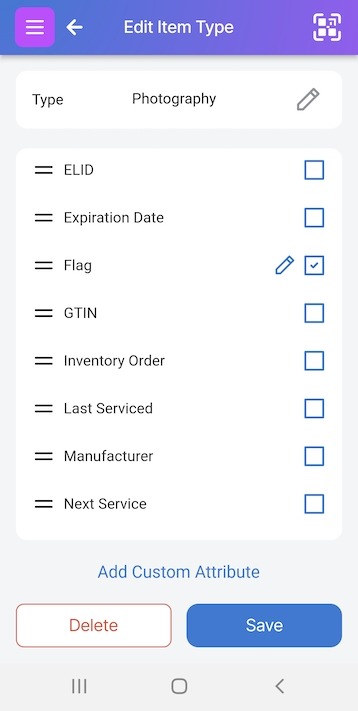 Edit Item Type page with attributes listed, including the Flag attribute along with an edit pencil next to it