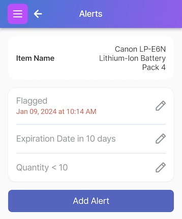 Alert List page with alerts for Flagged, Expiration in 10 days and Quantity < 10