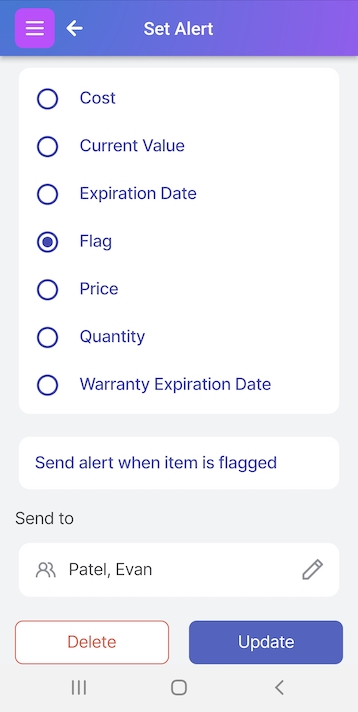 Set Alert screen showing Flag as the selected option for setting the alert