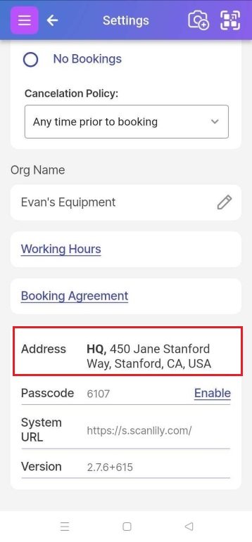 Image of Settings page with Address on it
