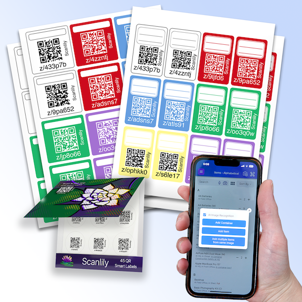 Scanlily QR Label Variety Pack stickers and images of hand holding a mobile device with the Scanlily app running on it