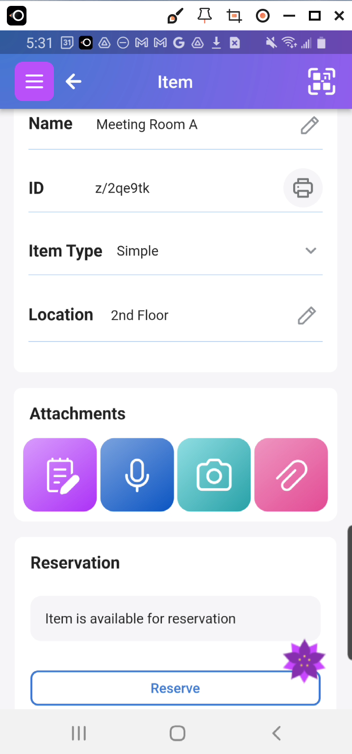 Image of item "Meeting Room A" with Reserve button below