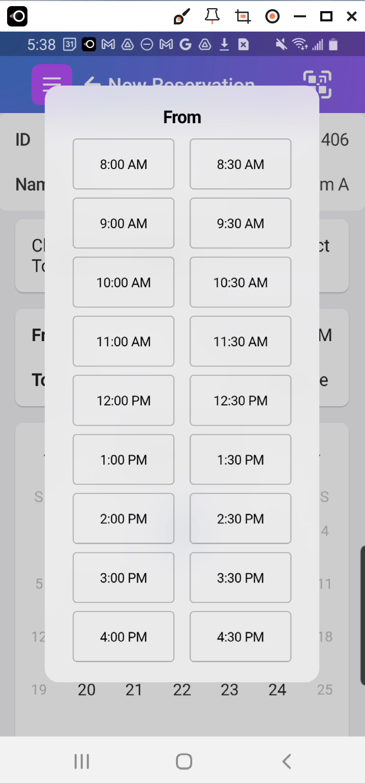 List of timeslots to choose from