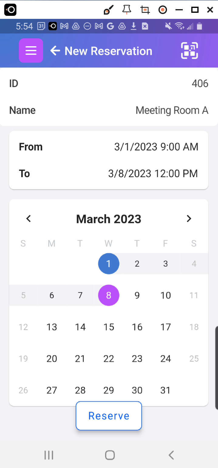 Image of time range from March 3 to March 8 selected and Reserve button showing below