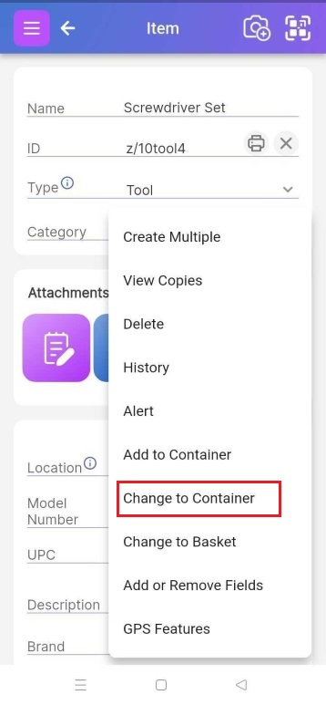 Image of bottom right menu opened with Change to Container highlighted