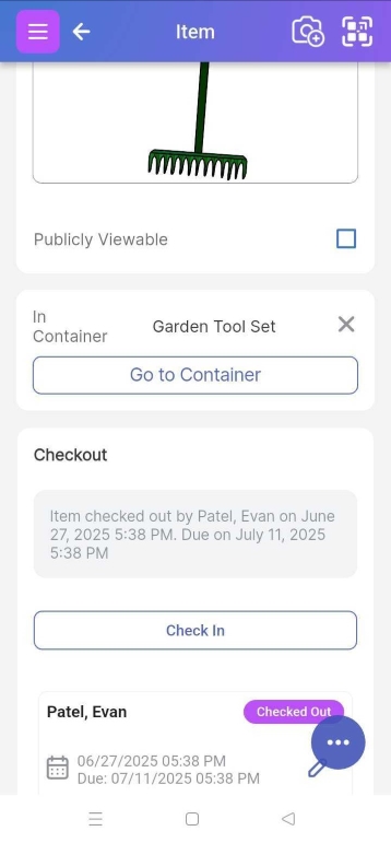 Item page showing Check-In button