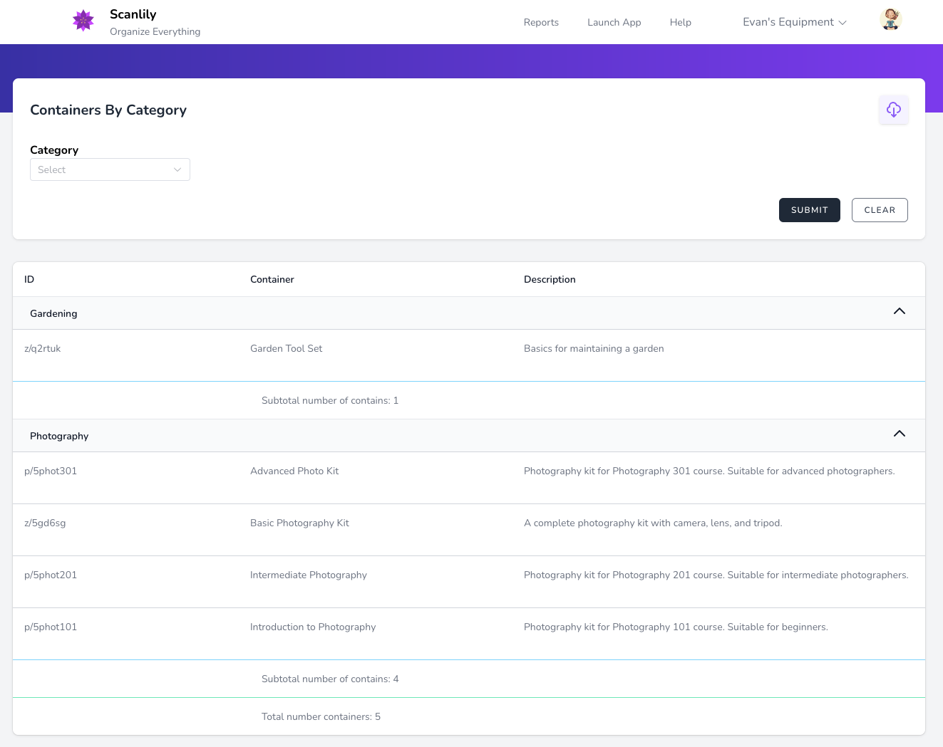 Report showing containers organized by category