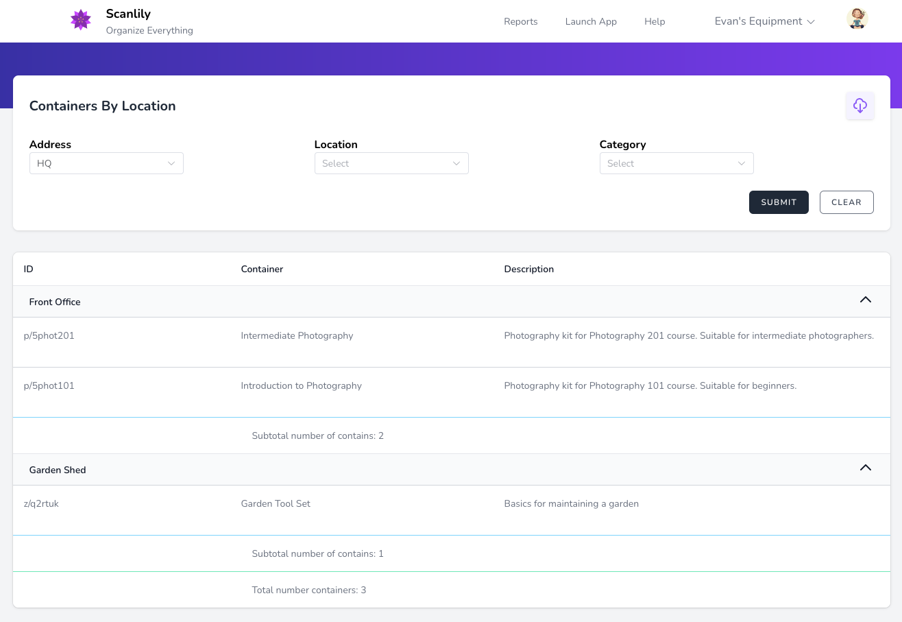 Report showing containers organized by location