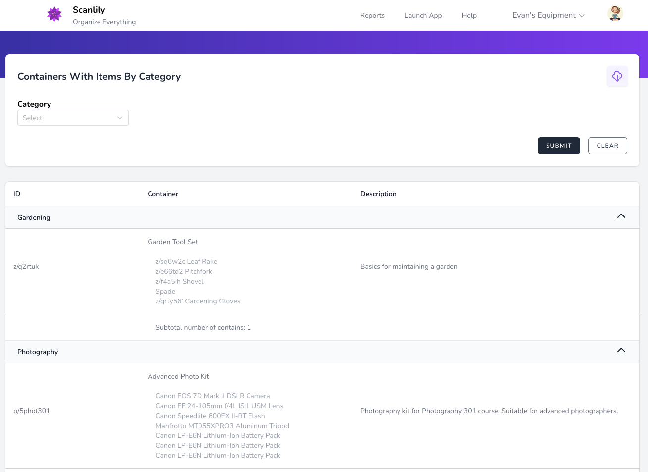 Report showing containers and their contents organized by category