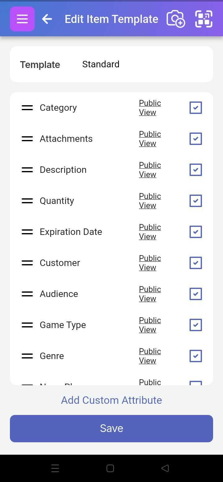 Image of the Template page showing the 'Custom Attribute' section and 'Save' button at the bottom. Includes examples of fields with different states of Public Edit (enabled/disabled) and visible edit pencil icons