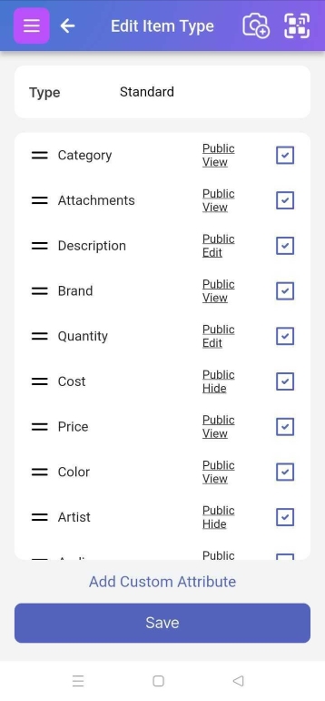 Image of the Item Type page showing the 'Custom Attribute' section and 'Save' button at the bottom. Includes examples of fields with different states of Public Edit (enabled/disabled) and visible edit pencil icons