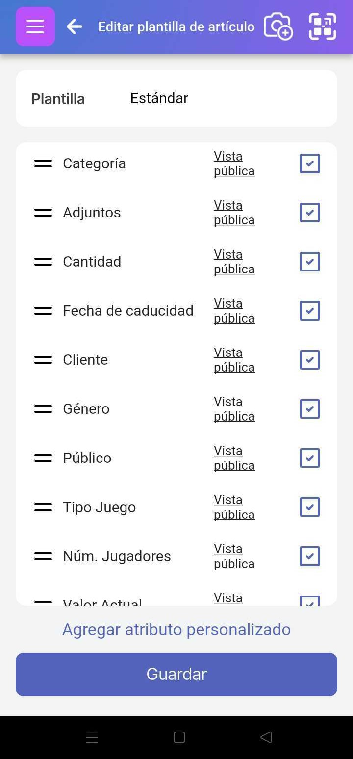 Imagen de la página Plantilla que muestra la sección 'Campo personalizado' y el botón 'Guardar' en la parte inferior. Incluye ejemplos de campos con diferentes estados de Edición pública (habilitada/deshabilitada) e iconos de lápiz de edición visibles