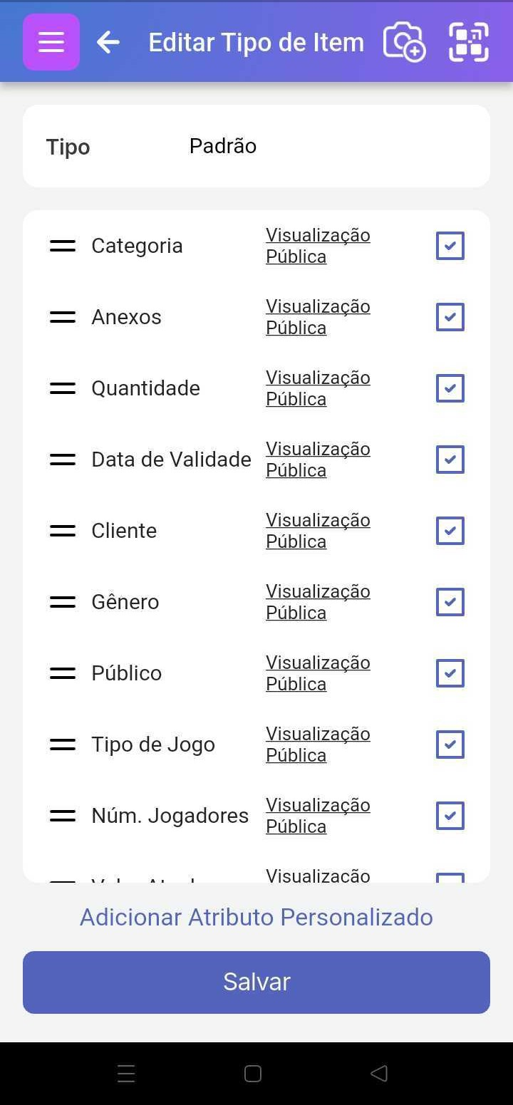 Imagem da página Tipo de Item mostrando a seção 'Campo Personalizado' e o botão 'Salvar' na parte inferior. Inclui exemplos de campos com diferentes estados de Edição Pública (ativada/desativada) e ícones de lápis de edição visíveis