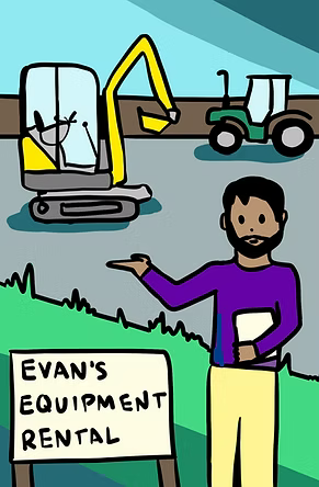 Evan in front of sign for his equipment rental company