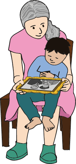 Child on mother's lap looking at a century old family portrait