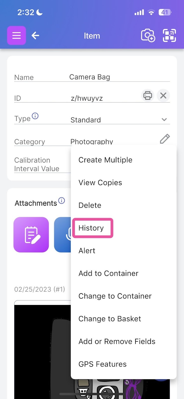 Image shows an Item Page with the popup menu with the 