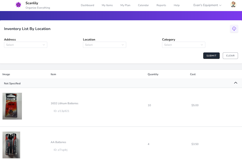 Inventory report including item images, cost and quantity