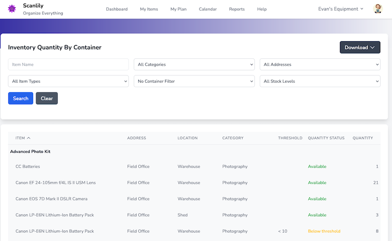Report showing stock levels by containers at each location with inventory quantity alert flags