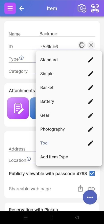 Image of Item Page with Item Types opened with updated floating icon