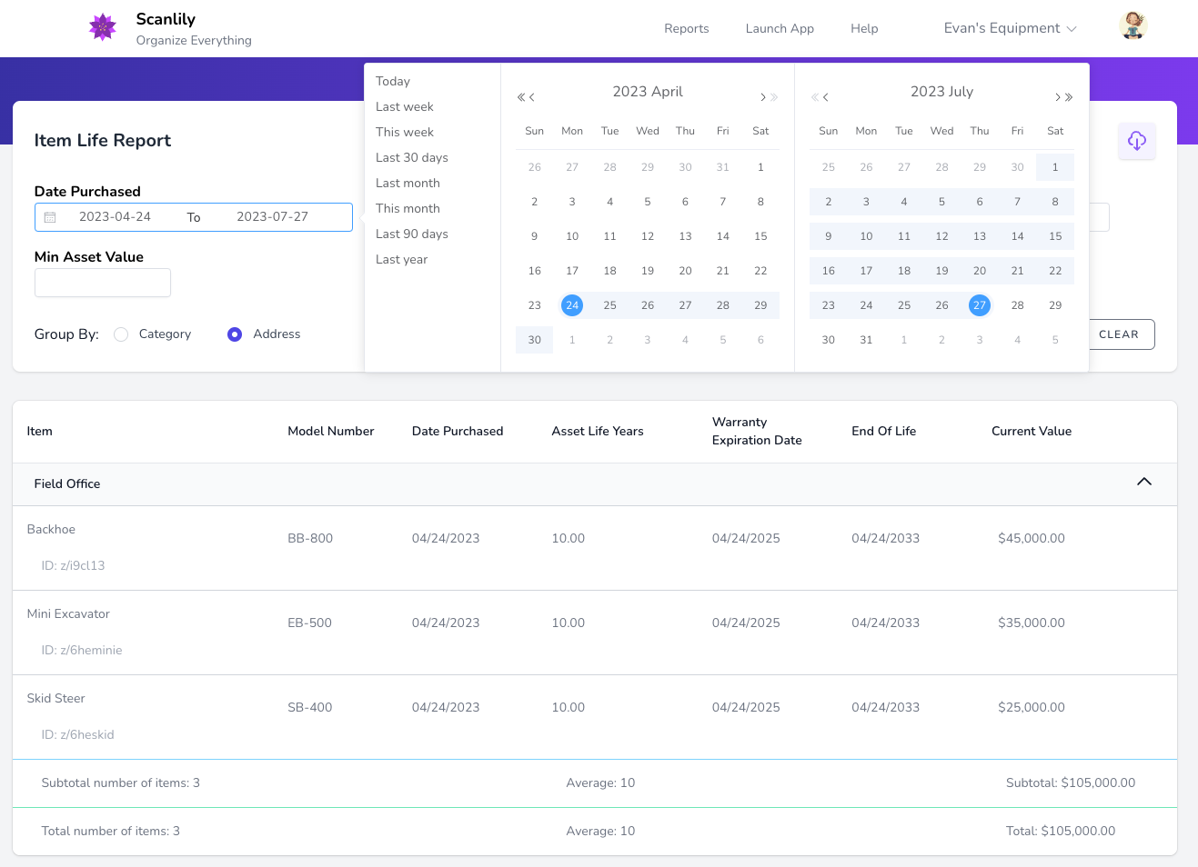Date range selector showing options for specific dates or relative periods