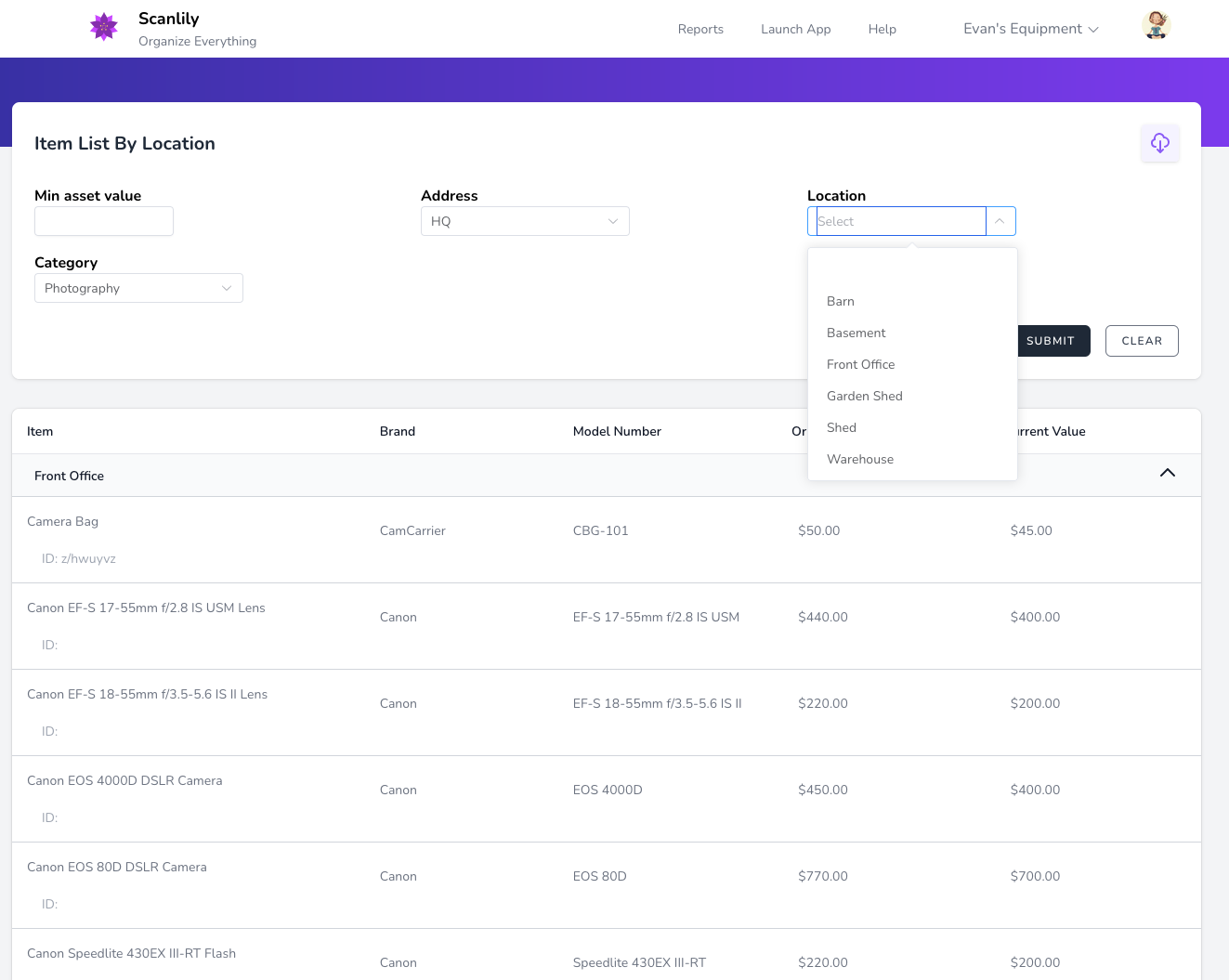 Report showing assets grouped by location with values