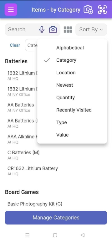 Image of Item List (Items) page by Category with a dropdown menu showing the grouping options, including by Category