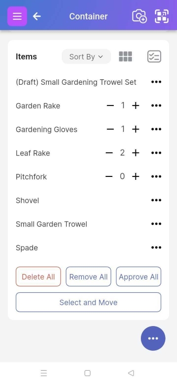 Image of items shown at the bottom of the container page with varying quantities