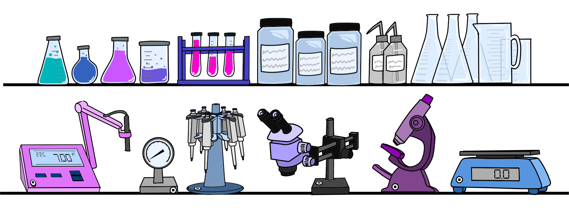 Laboratory equipment and gear on a shelf with Scanlily labels on them