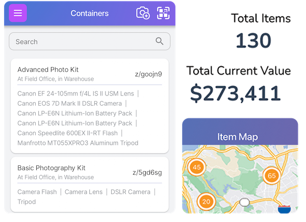 Montage of Scanlily app screens: containers, total items and current value, item map