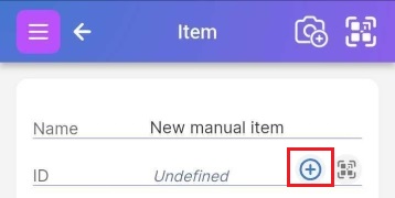Image of the first two fields of the Item Page after manual entry. ID appears as undefined. + symbol highlighted