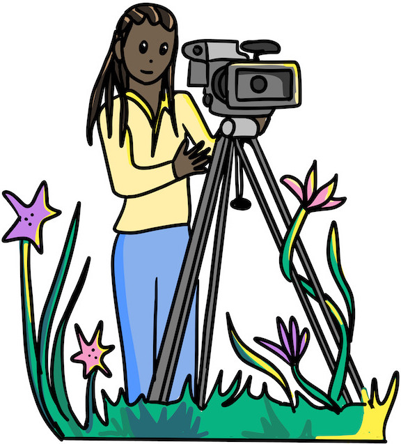 Person behind a video camera on a tripod
