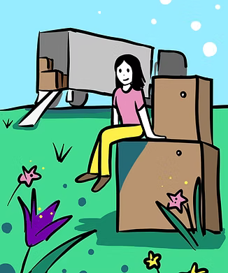 Illustration of young woman sitting on a moving box with a Scanlily label with moving truck in background and flowers in the foreground
