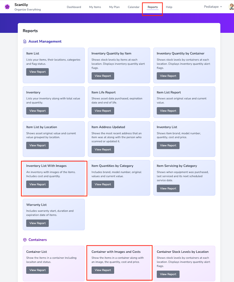 List of reports with two reports highlighted: "Inventory List with Images" and "Container with images and costs"