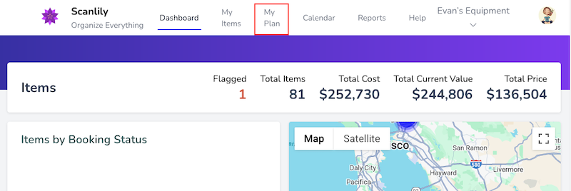 Scanlily User Website with "My Plan" section highlighted