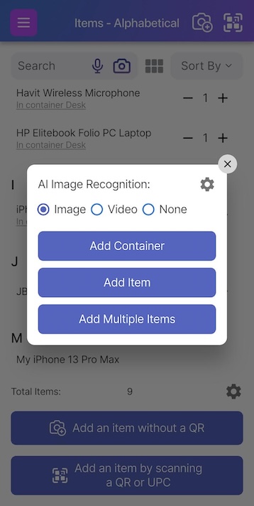 Popup mostrando opções para Adicionar Contêiner, Adicionar item ou Adicionar Vários Itens