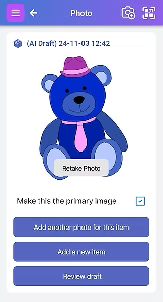 Scanlily screen that shows after taking a photo of an item. It gives options for taking more photos, adding another item or reviewing the draft of the item