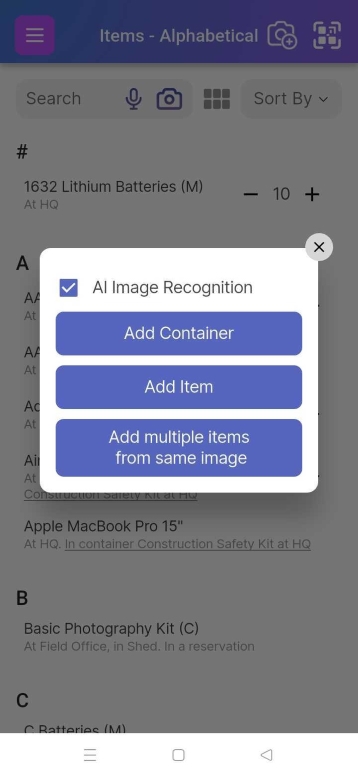 Image showing the popup with options for what type of item to add and whether to use AI Image Recognition