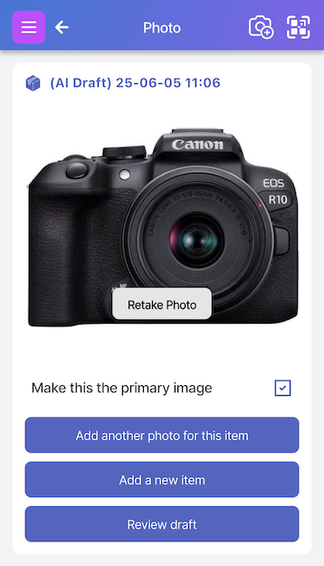 Screen showing three options: Add another photo for this item, Add a new item, and Review draft