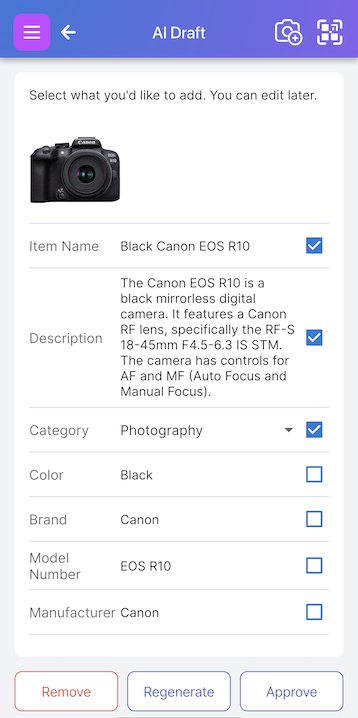 AI draft review screen showing proposed fields and checkboxes