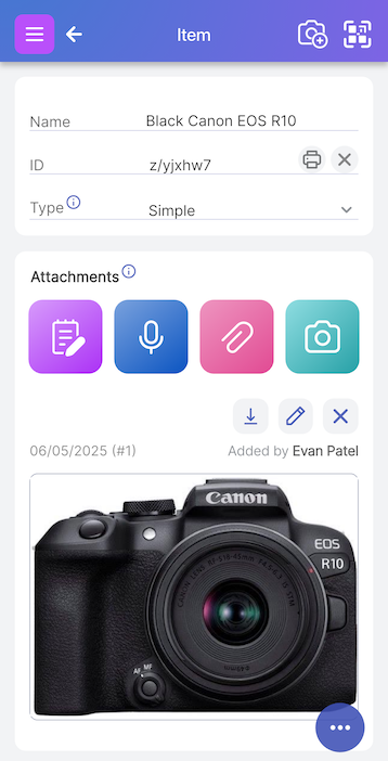 Item page with QR code in ID field and Attachments section