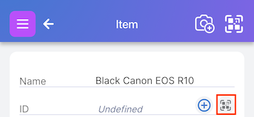 Item page without QR code showing scan symbol next to ID field