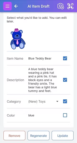 AI Item Draft screen that displays fields with checkboxes to allow selecting which recommendations to keep and which to ignore.