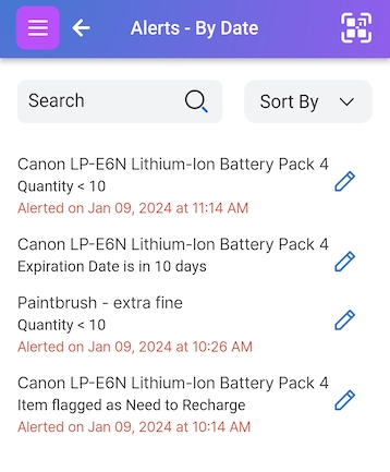 Screen listing current alerts. Seen by clicking on Alerts from the dashboard