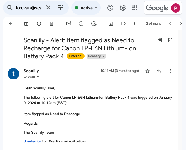Email received regarding a triggered alert