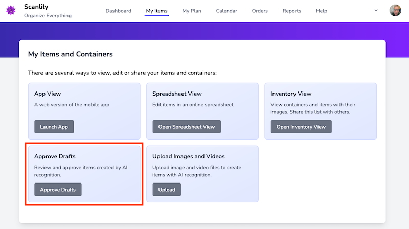 My Items and Containers page on the Scanlily User Website with the Approve Drafts card highlighted in a red box