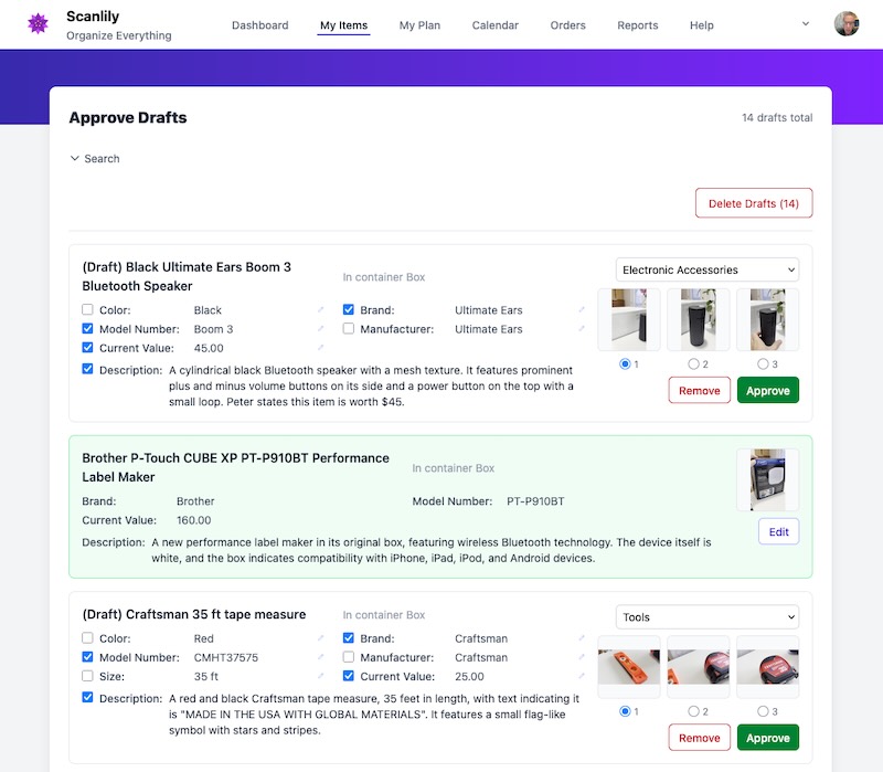 Approve Drafts page showing draft items with checkboxes for AI-proposed fields, category dropdowns, thumbnail images, and Approve and Remove buttons