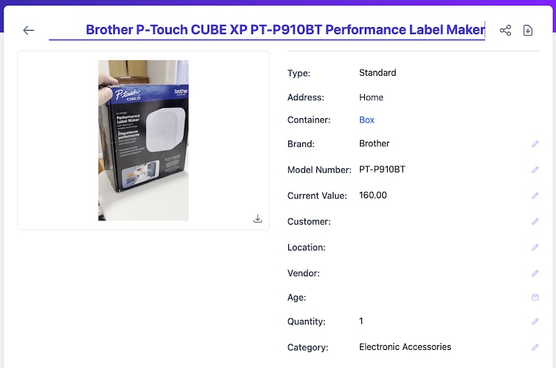 Item detail page for an approved item showing the item name, photo, and editable fields including Brand, Model Number, Current Value, Address, Container, and more