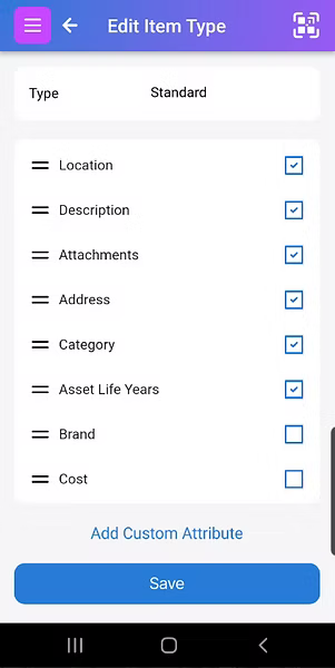 Edit Item Type screen with checked and unchecked fields displayed