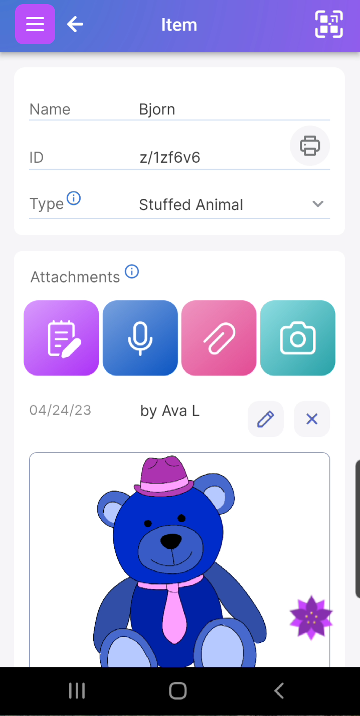 Example of an item page with several fields available