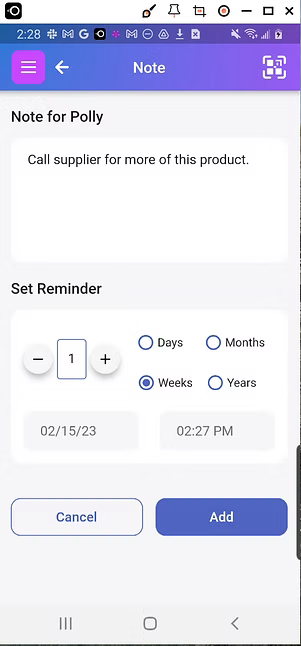 Screen for adding notes and setting reminders